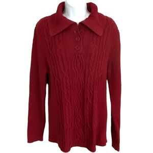 Red Cotton Ribbed Cable Knit Pullover Chunky Sweater Large